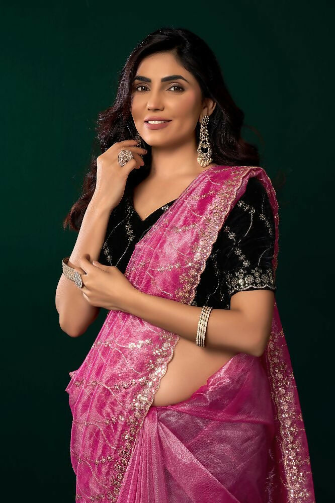 Pink Net Party Wear Saree with Contrast Black Velvet Blouse
