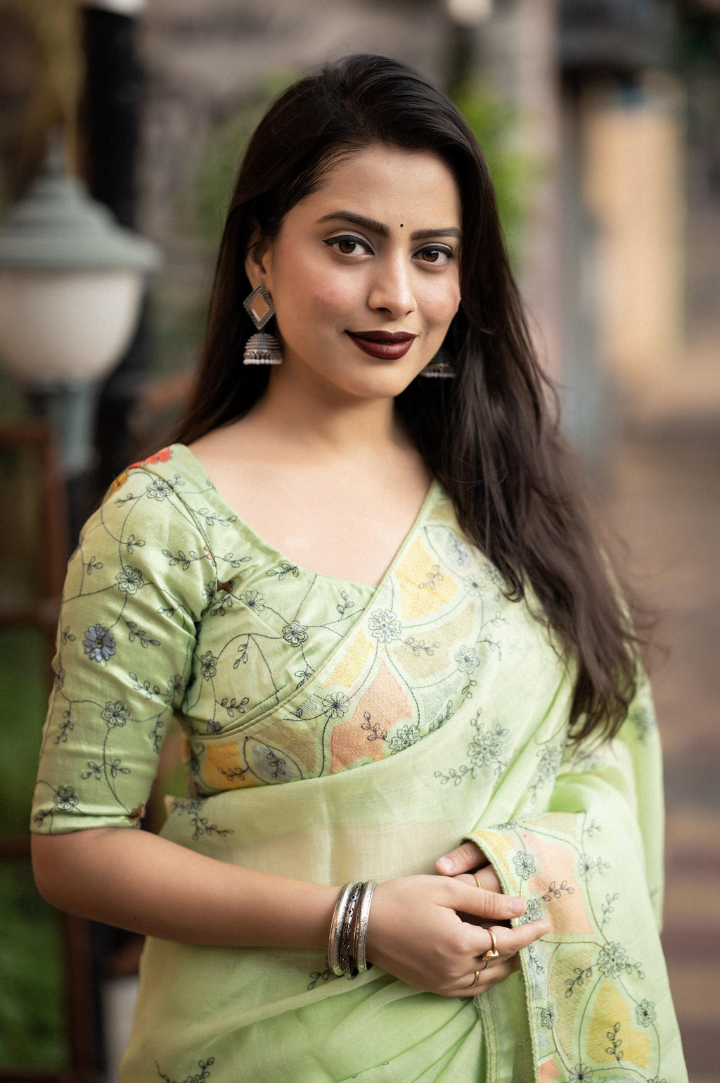 Green Pure Linen Saree with Embroidery and Phantom Silk Blouse