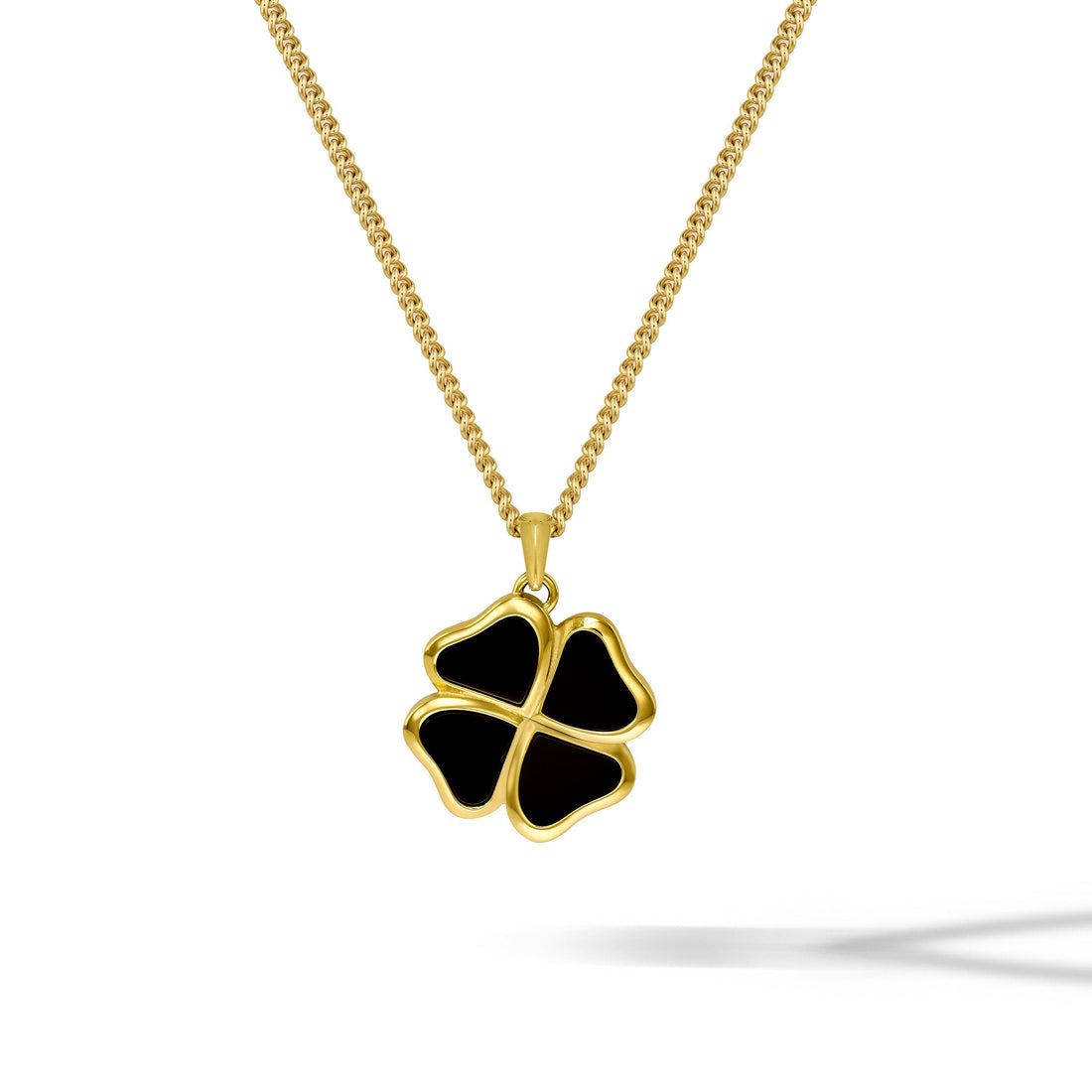 A luxurious 14K gold clover pendant necklace with a natural black onyx inlay centered on a clean background.