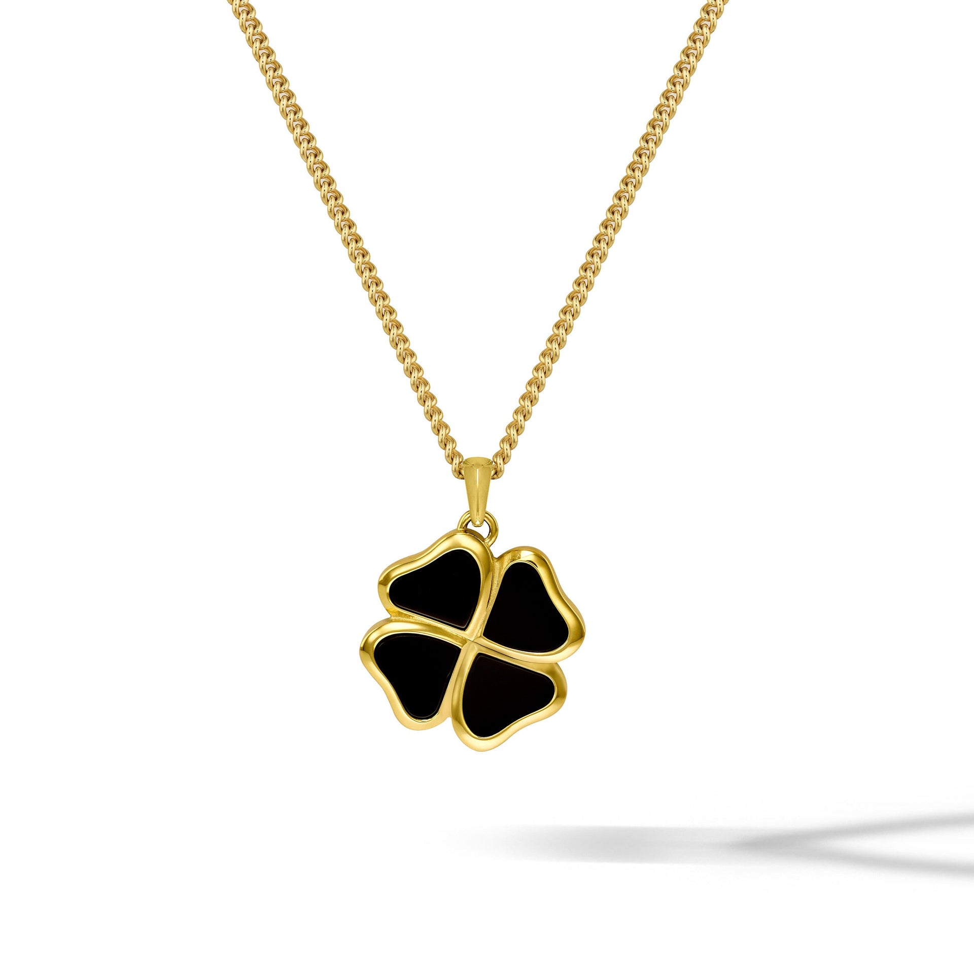 A luxurious 14K gold clover pendant necklace with a natural black onyx inlay centered on a clean background.