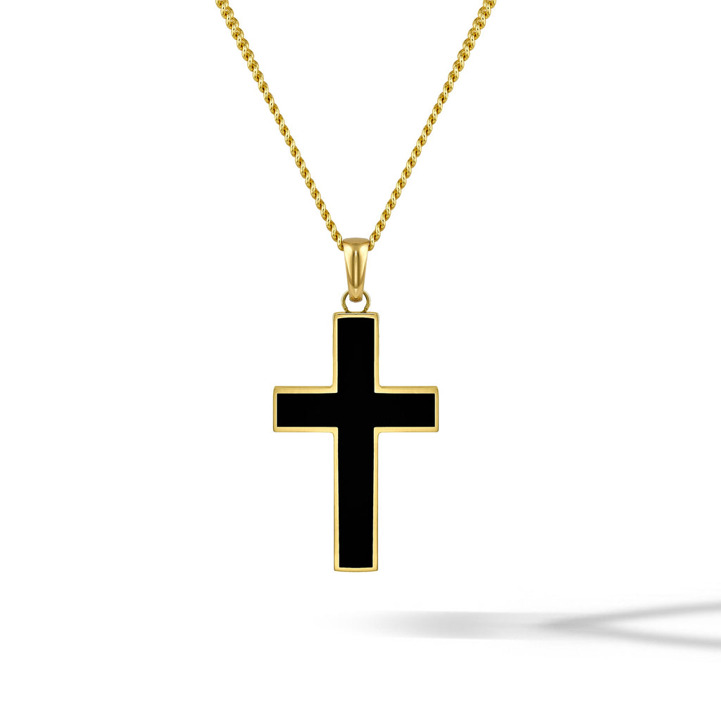 Large 14K Gold and Onyx cross pendant showing clean lines and high-polish finish.
