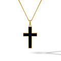 Large 14K Gold and Onyx cross pendant showing clean lines and high-polish finish.