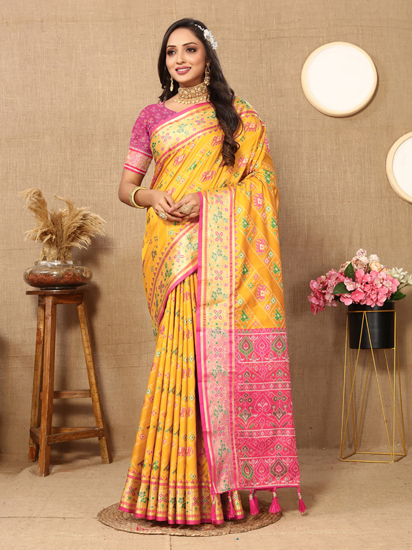 Gold Patola silk saree with decorative Zari Meenakari pallu