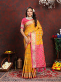 Gold Patola silk saree with detailed Zari Meenakari motifs and pallu