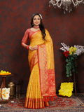 Gold organza silk saree with detailed Meenakari woven pallu
