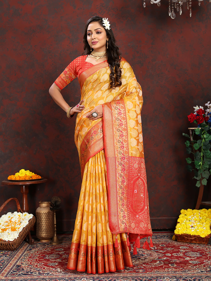 Gold Organza Silk saree with intricate Meenakari woven pallu and silk blouse piece