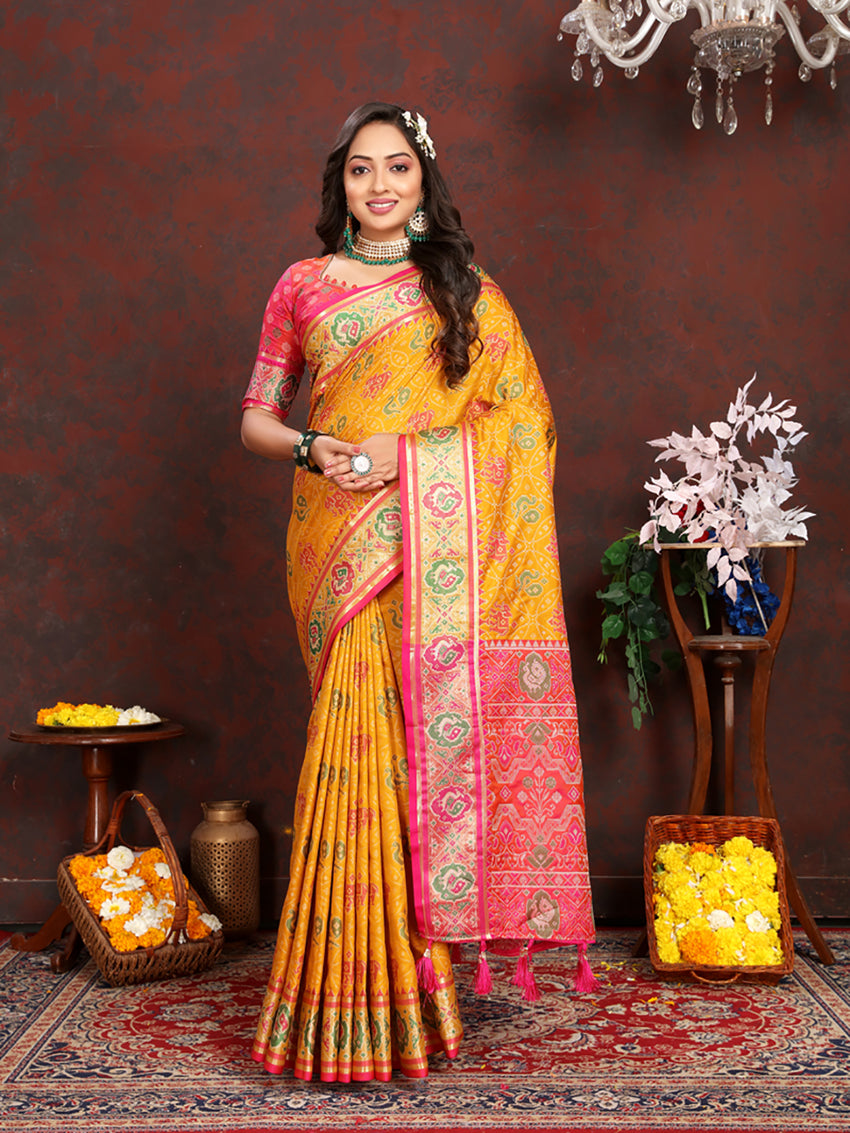 Gold Patola silk saree with detailed Zari Meenakari weaving patterns