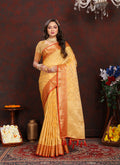 Gold Soft Katan Silk Saree with rich zari woven design and matching blouse