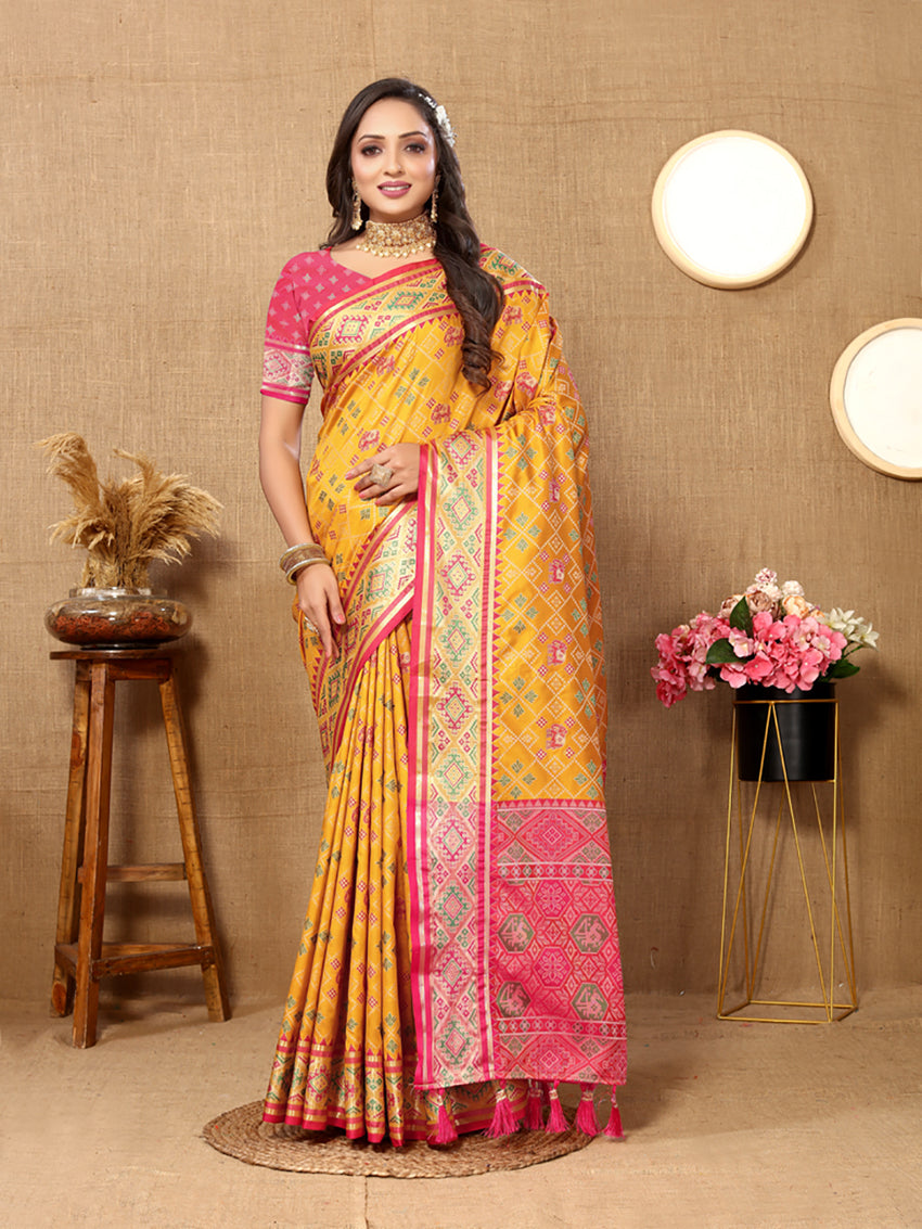 Gold Patola silk saree with Zari Meenakari weaving motifs and matching silk blouse piece