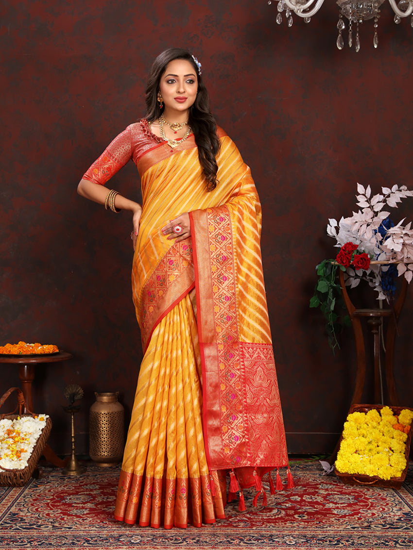 Gold Organza silk saree with elegant Meenakari woven pallu detail