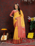 Gold organza silk saree with detailed Meenakari woven pallu