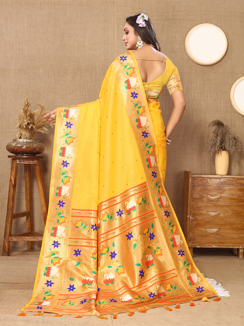 Gold Soft Paithani Silk Saree with Rich Zari Meenakari Weaving