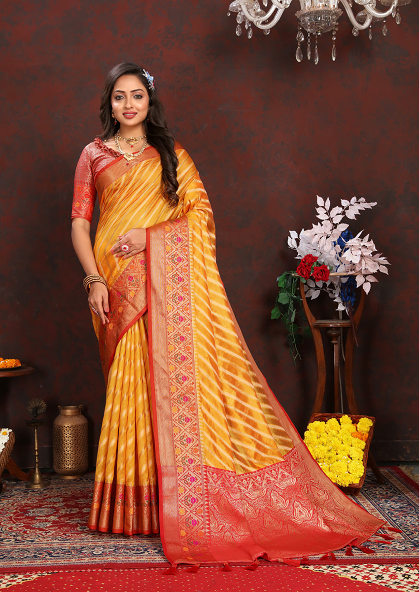 Gold Organza Silk Saree with Rich Meenakari Pallu