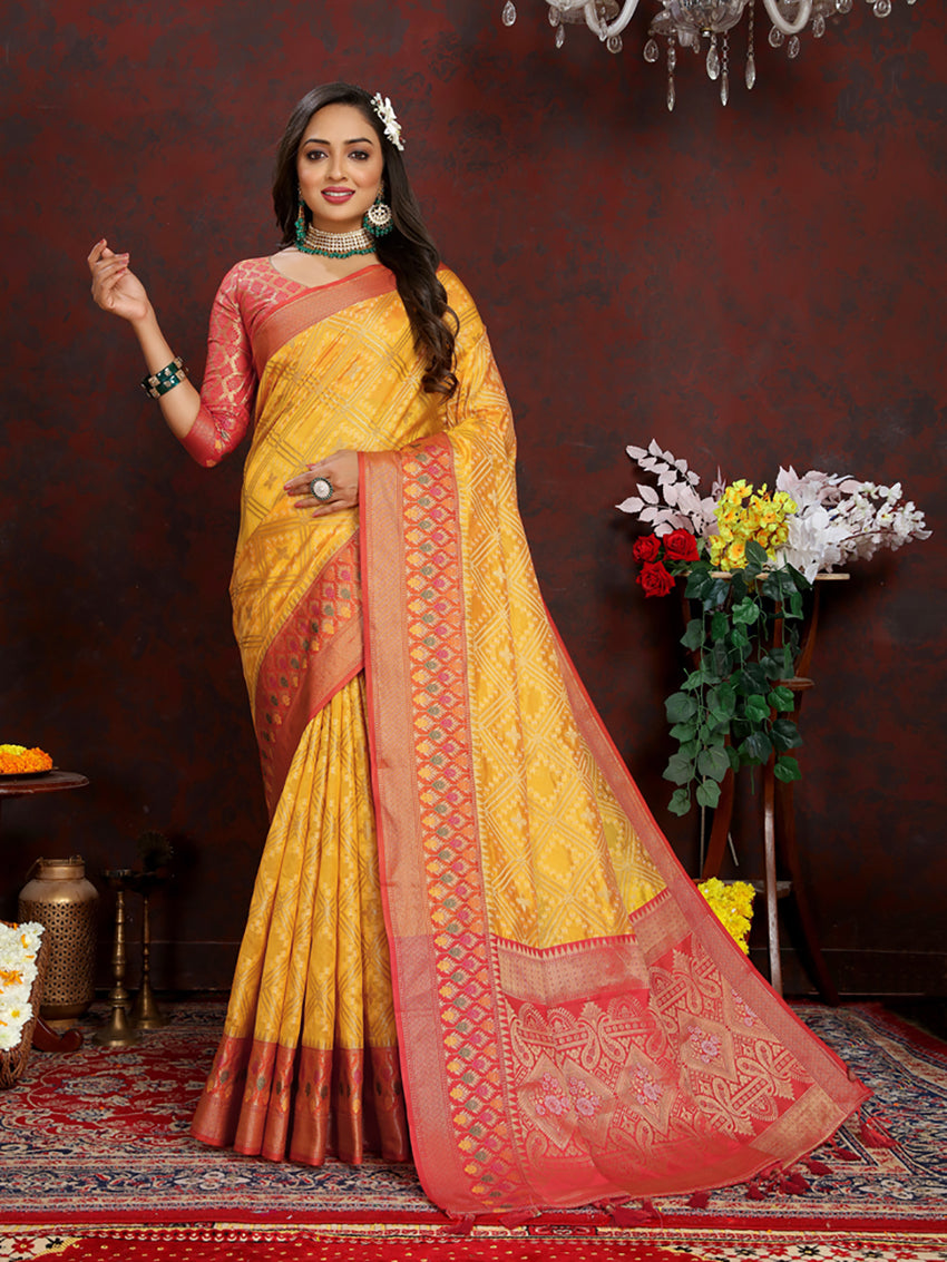 Gold Organza Silk Saree with Rich Meenakari Weaving Pallu