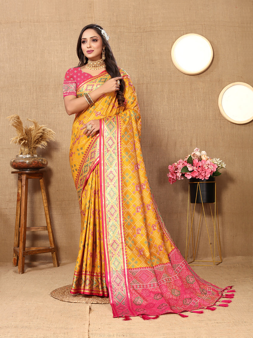 Gold Patola Silk Saree with Zari Meenakari Motifs