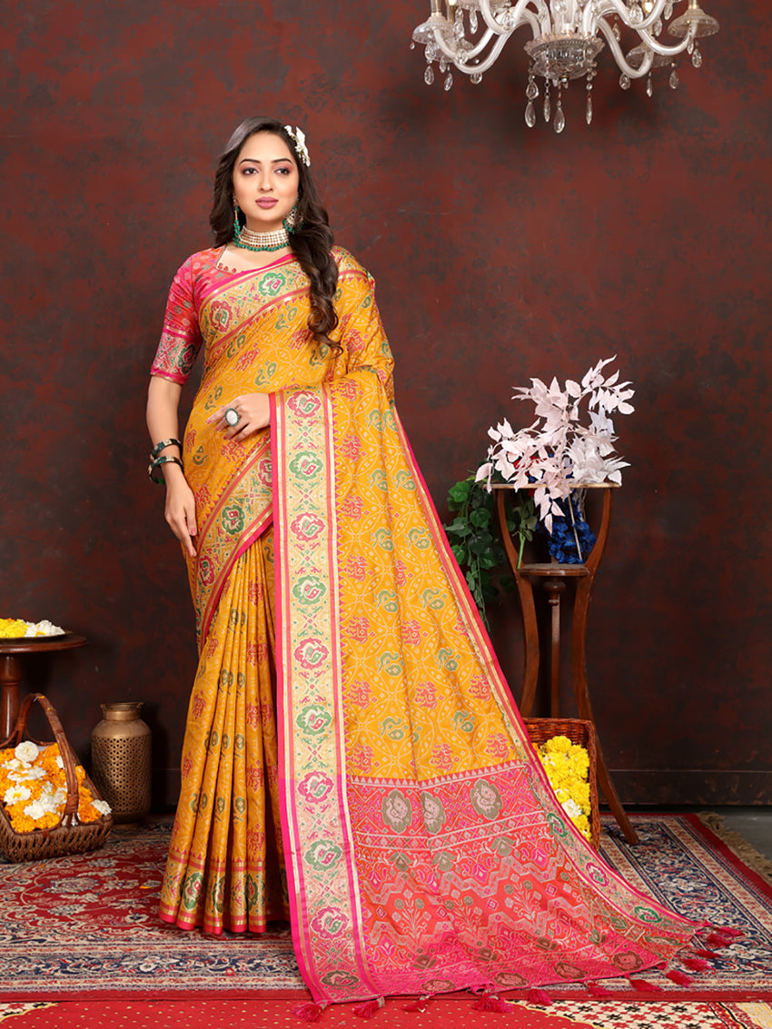 Gold Patola Silk Saree with Zari Meenakari Woven Motifs