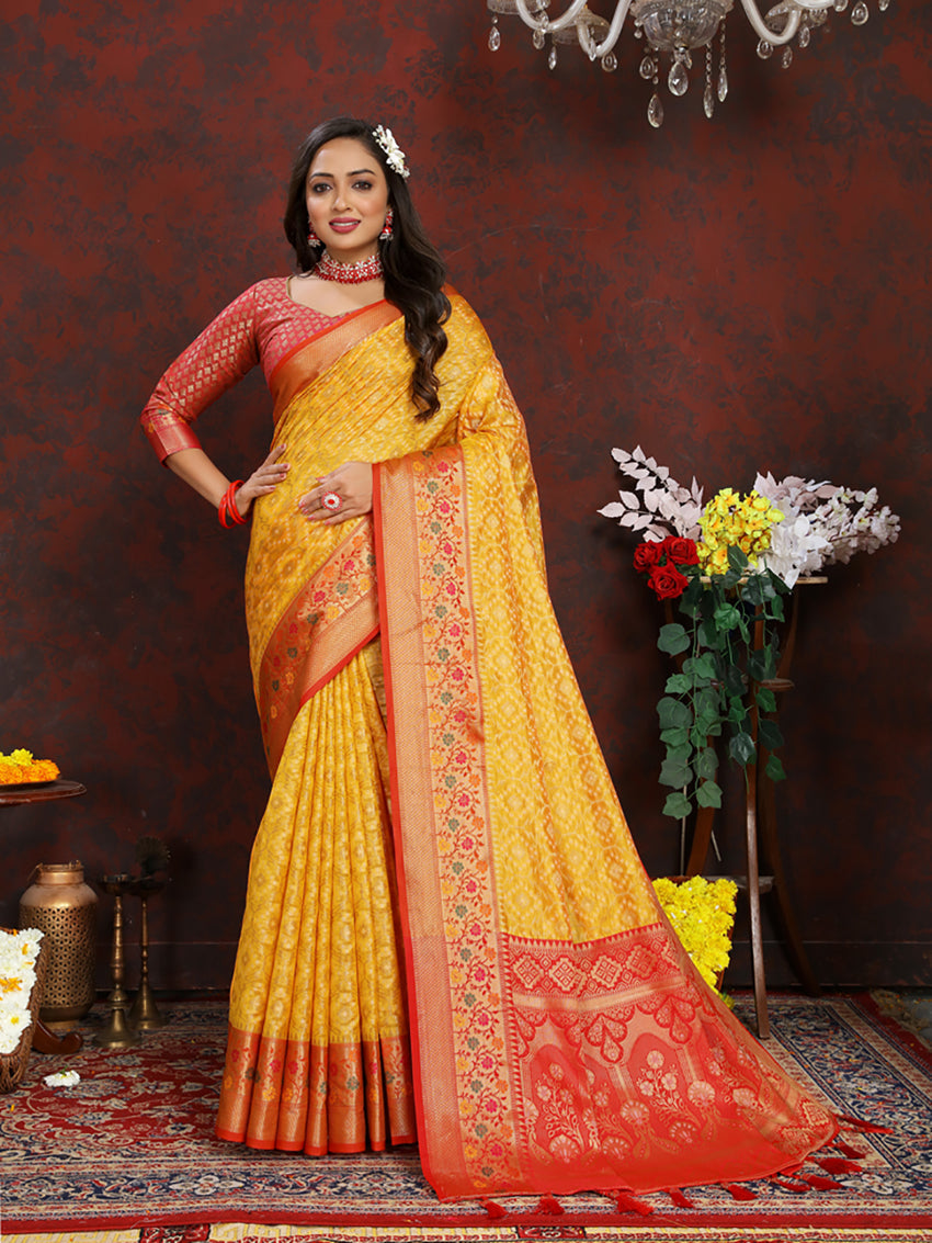 Gold Organza Silk Saree with Rich Meenakari Weaving Pallu