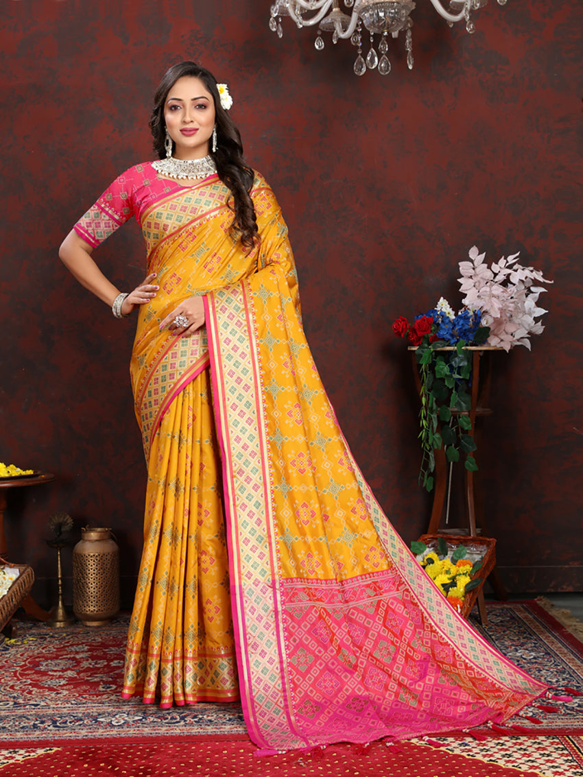 Gold Patola Silk Saree with Zari Meenakari Weaving Motifs