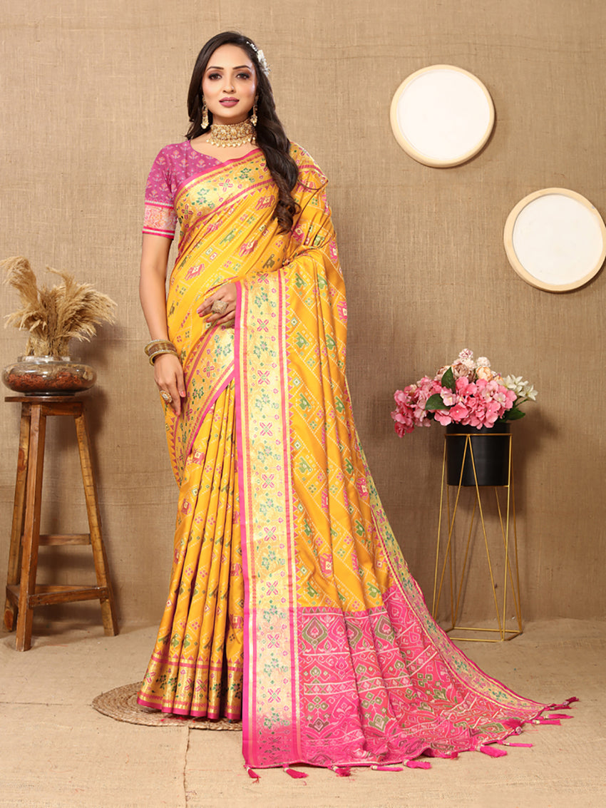 Gold Patola Silk Saree with Zari Meenakari Woven Pallu