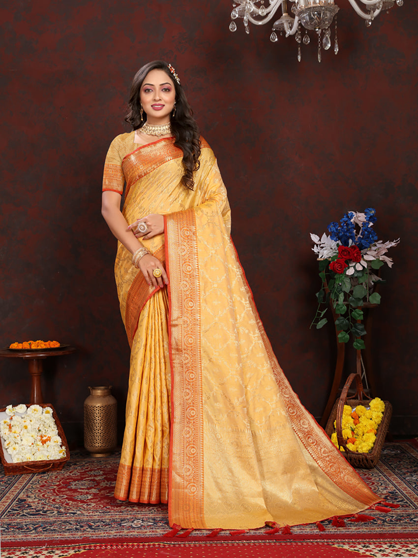 Gold Soft Katan Silk Saree with Rich Zari Woven Pallu