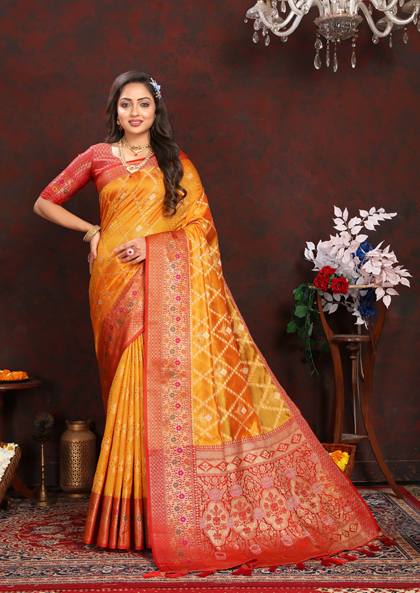 Gold Organza Silk Saree with Rich Meenakari Weaving Pallu
