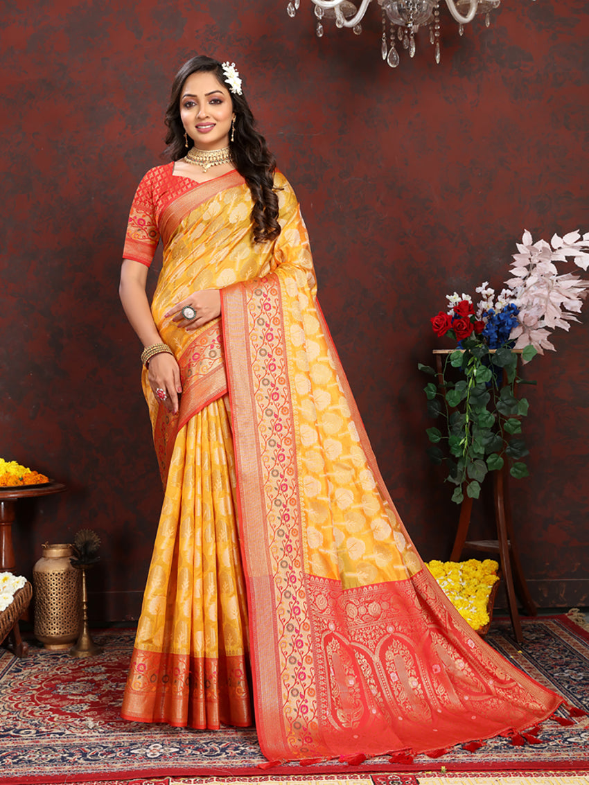 Gold Organza Silk Saree with Meenakari Woven Pallu & Silk Blouse