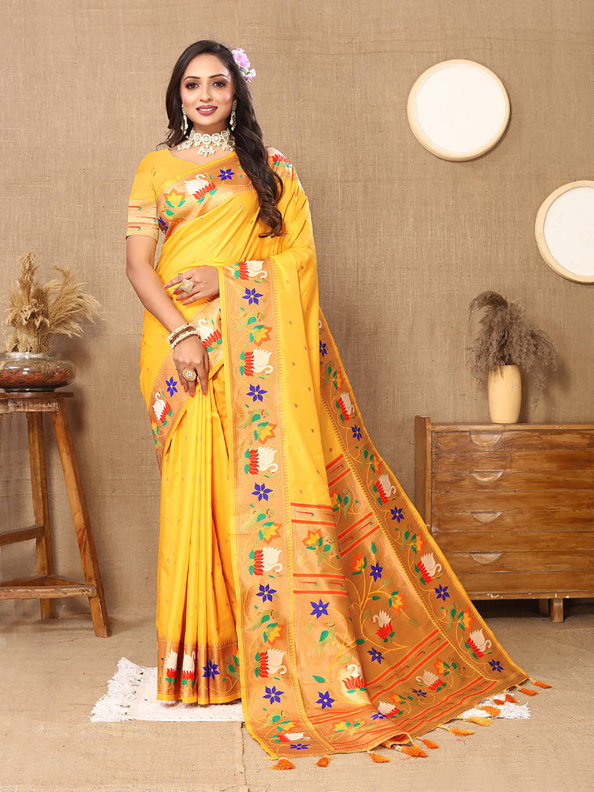 Gold Soft Paithani Silk Saree with Rich Zari Meenakari Weaving