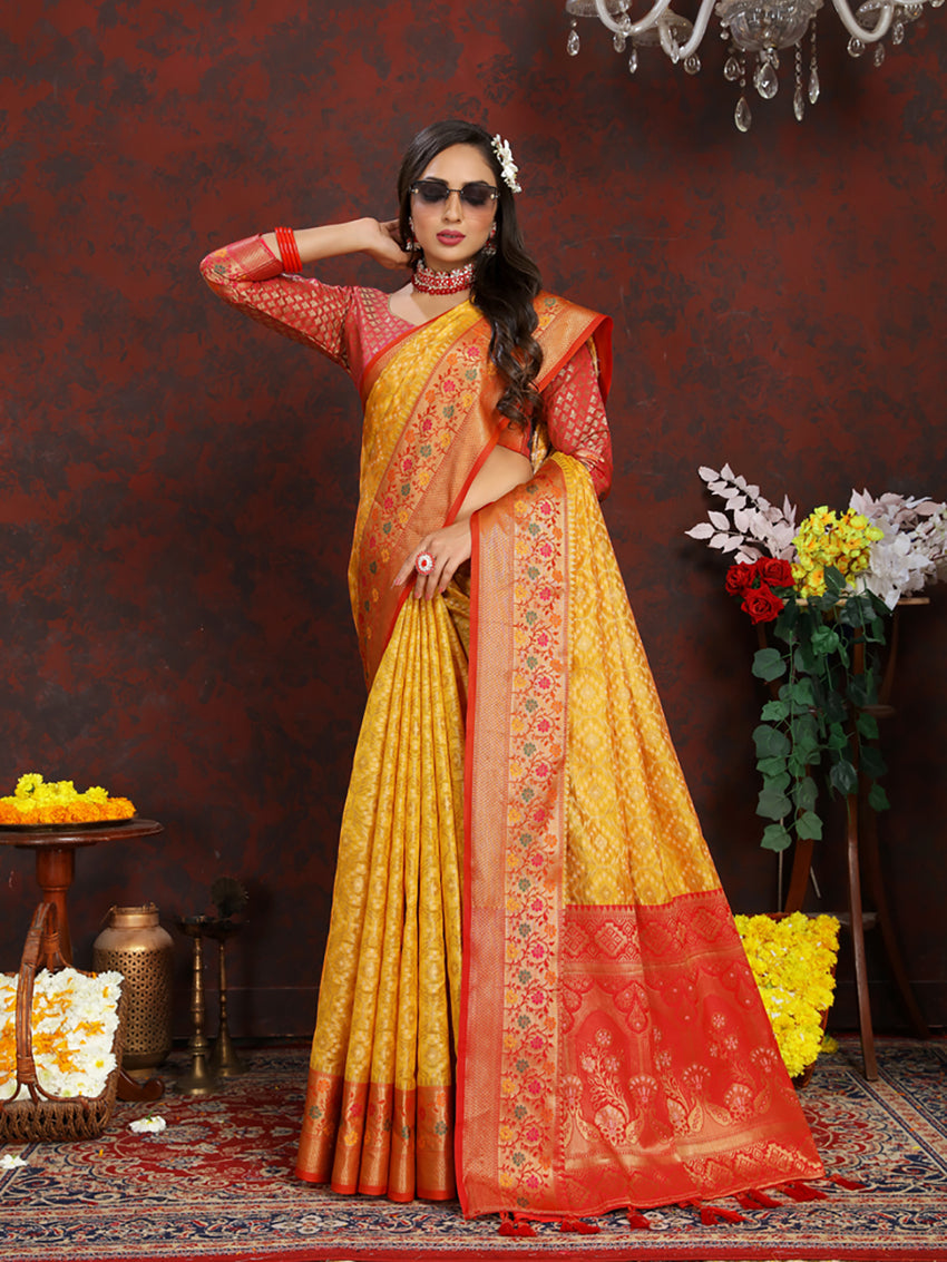 Gold Organza Silk Saree with Rich Meenakari Weaving Pallu