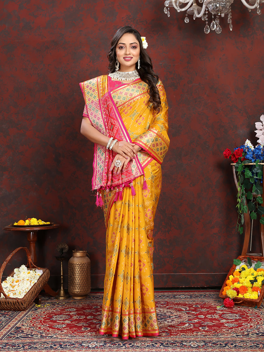 Gold Patola Silk Saree with Zari Meenakari Weaving Motifs