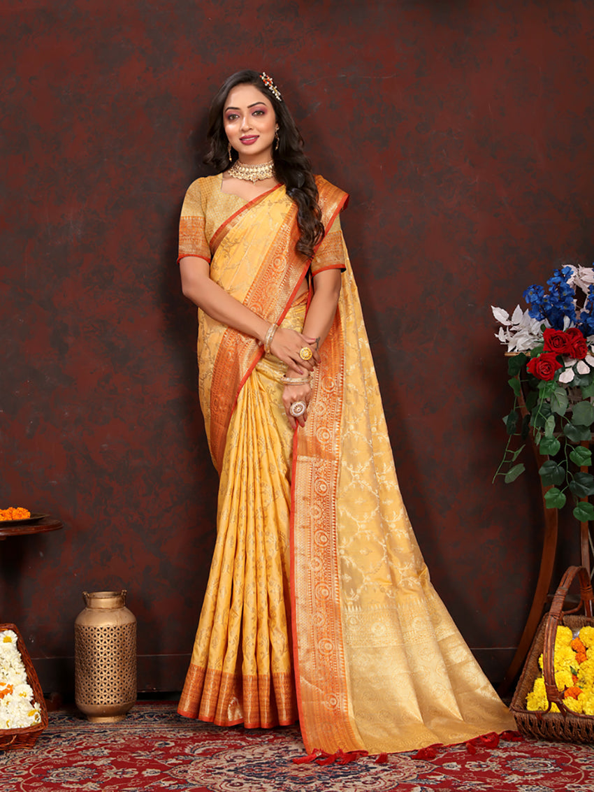 Gold Soft Katan Silk Saree with Rich Zari Woven Pallu