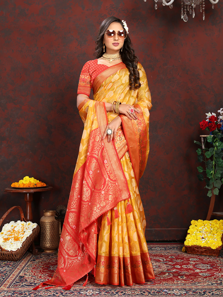 Gold Organza Silk Saree with Meenakari Woven Pallu & Silk Blouse