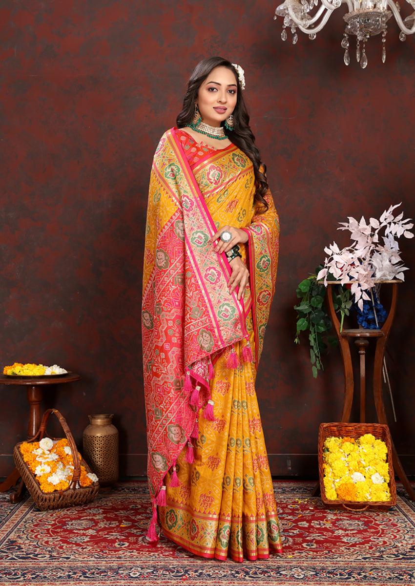 Gold Patola Silk Saree with Zari Meenakari Woven Motifs