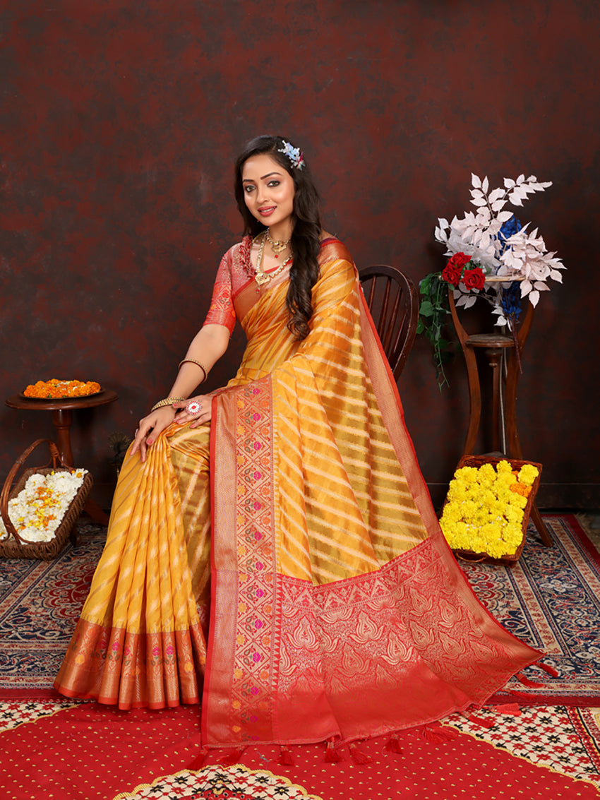 Gold Organza Silk Saree with Rich Meenakari Pallu