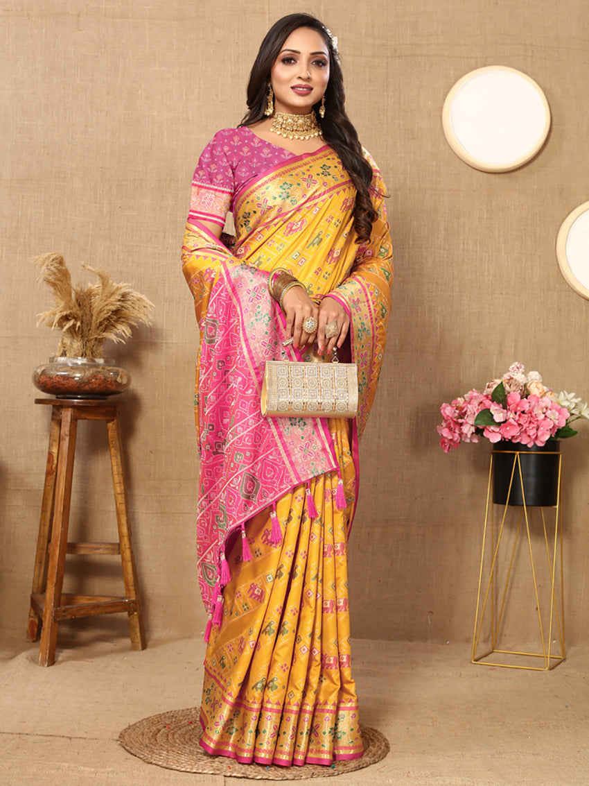 Gold Patola Silk Saree with Zari Meenakari Woven Pallu