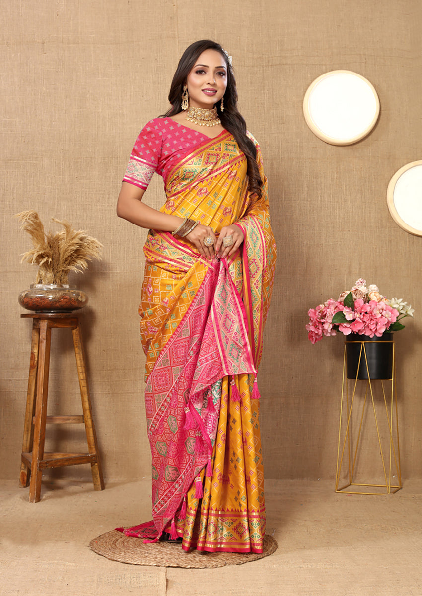 Gold Patola Silk Saree with Zari Meenakari Motifs