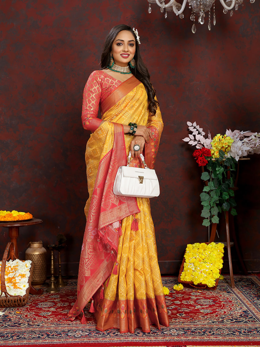 Gold Organza Silk Saree with Rich Meenakari Weaving Pallu