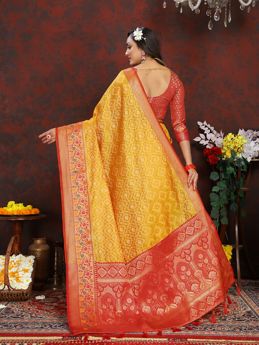 Gold Organza Silk Saree with Rich Meenakari Weaving Pallu