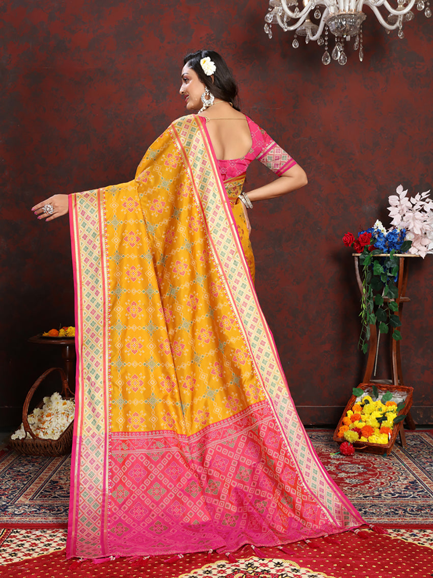 Gold Patola Silk Saree with Zari Meenakari Weaving Motifs