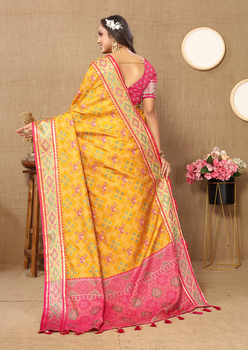 Gold Patola Silk Saree with Zari Meenakari Motifs