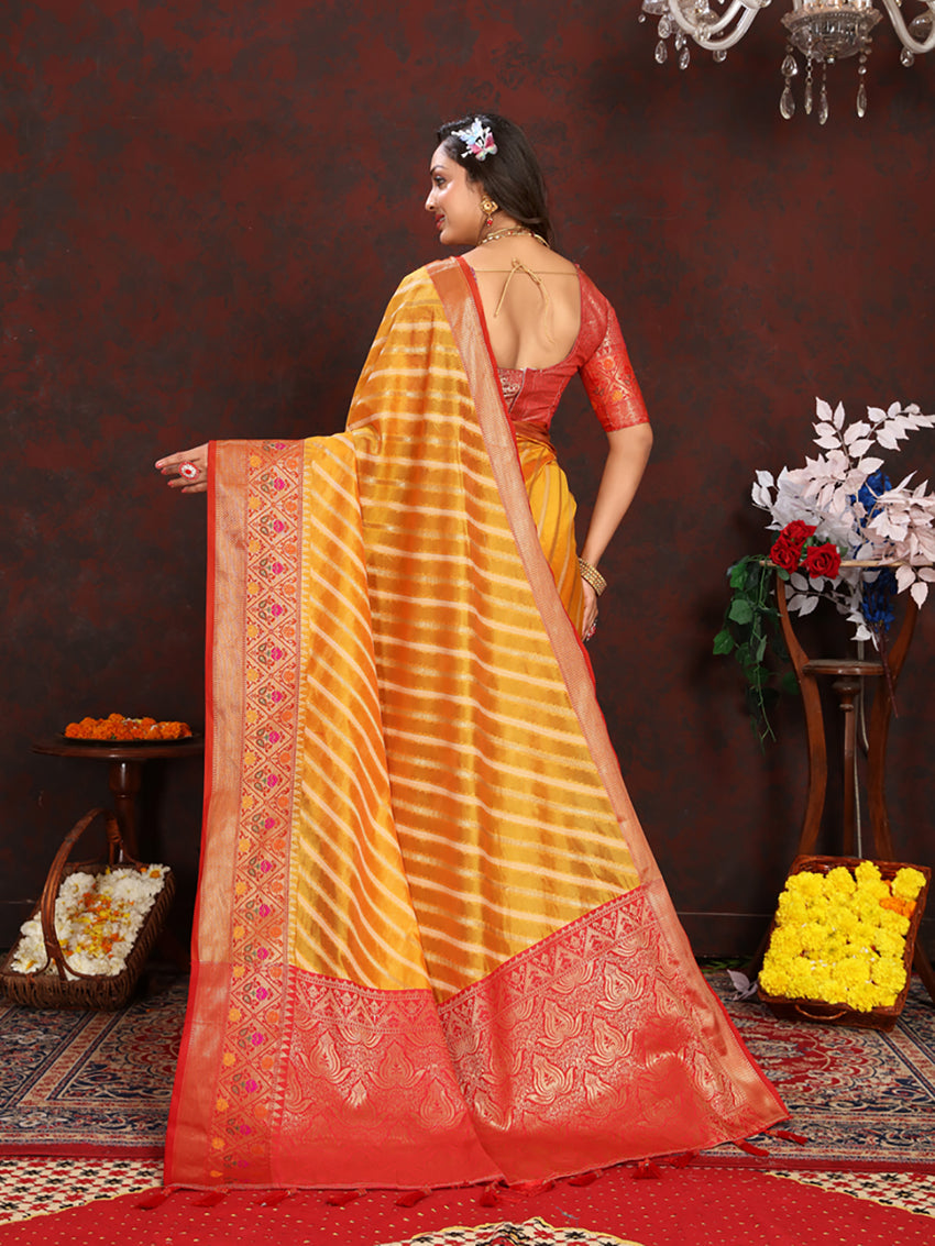 Gold Organza Silk Saree with Rich Meenakari Pallu