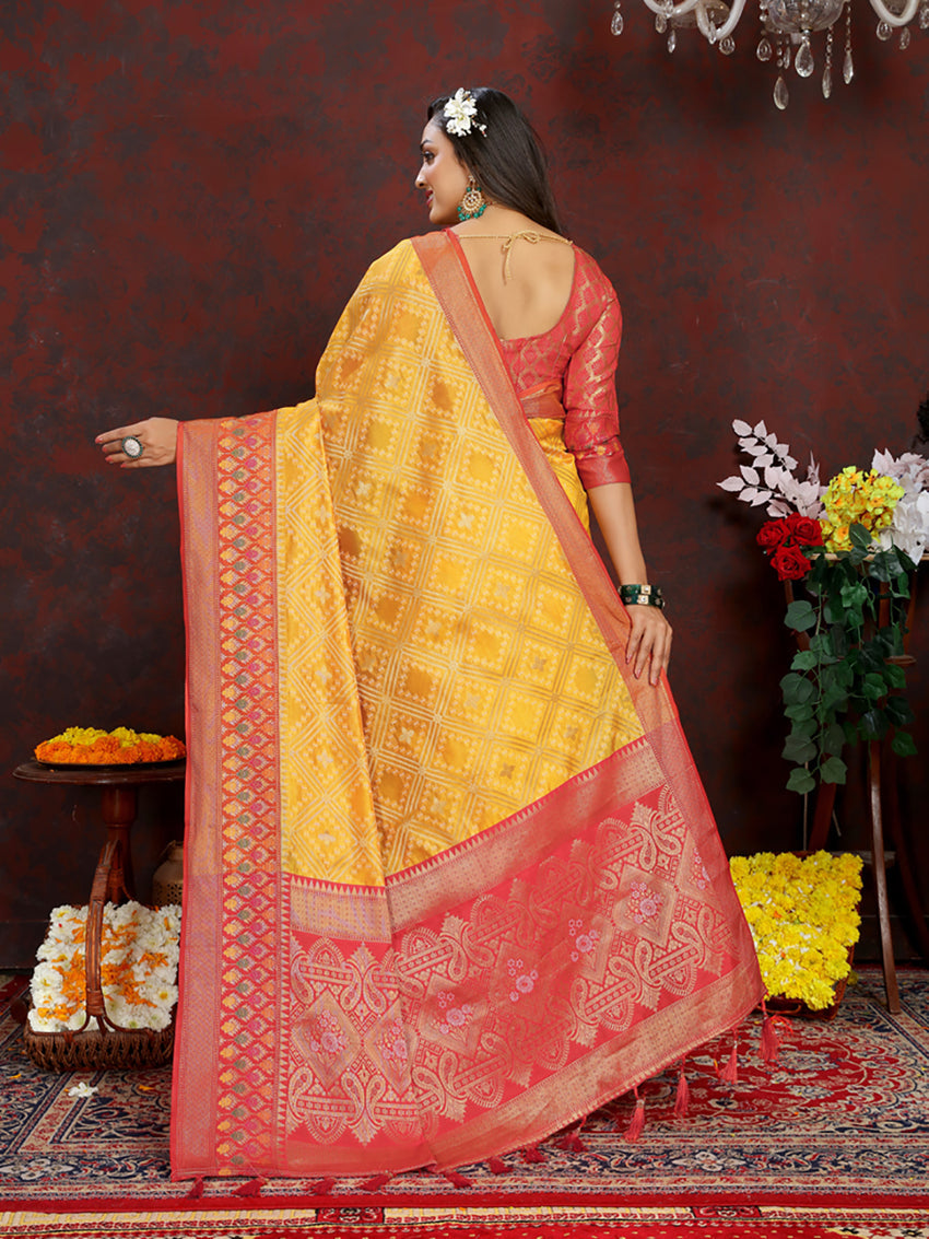Gold Organza Silk Saree with Rich Meenakari Weaving Pallu