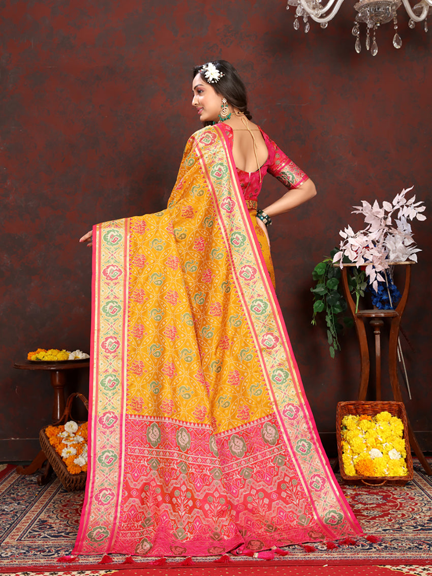 Gold Patola Silk Saree with Zari Meenakari Woven Motifs