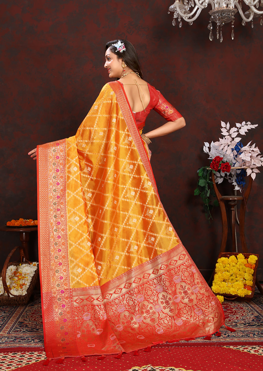 Gold Organza Silk Saree with Rich Meenakari Weaving Pallu