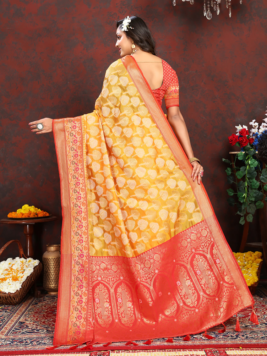 Gold Organza Silk Saree with Meenakari Woven Pallu & Silk Blouse