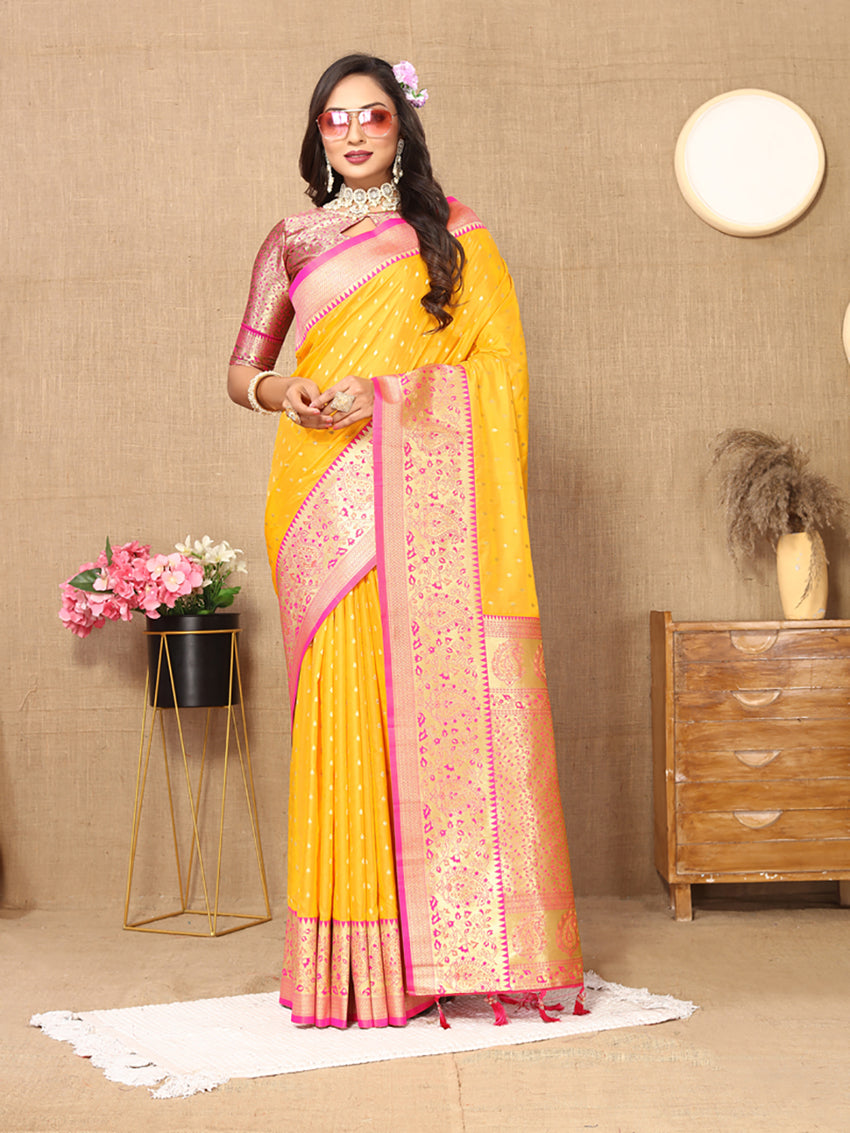 Gold Soft Silk Saree with intricate Zari weaving design and matching blouse.