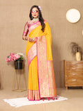 Gold Soft Silk Saree with intricate Zari weaving design and matching blouse.