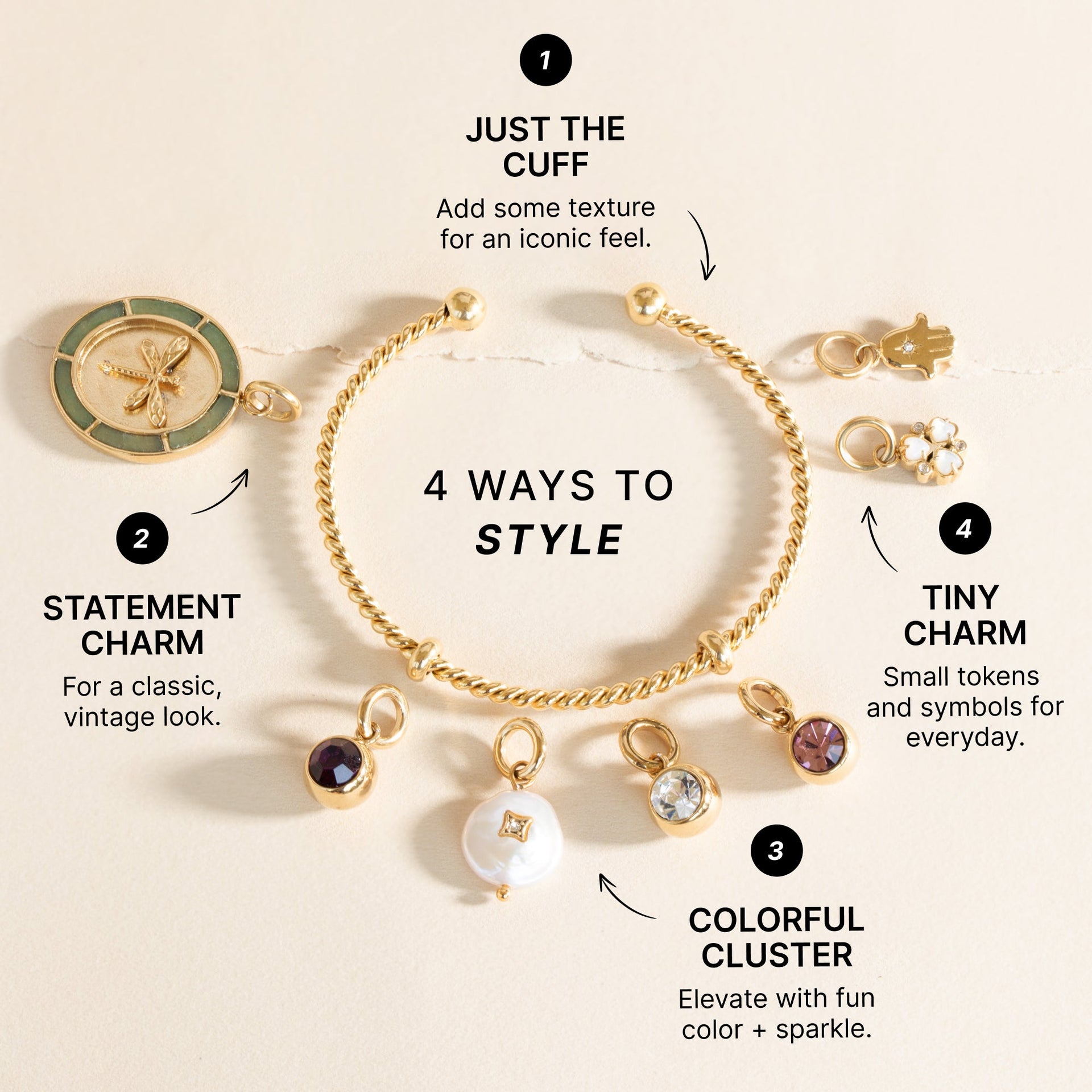 French Rope Charm Bracelet Cuff with Removable End Caps
