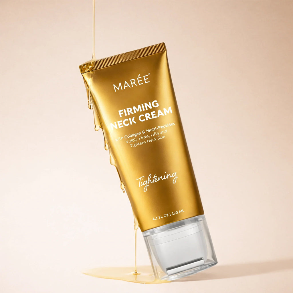 Maree Collagen Neck Firming Cream tube with built-in metal roller applicator being applied to a neck.