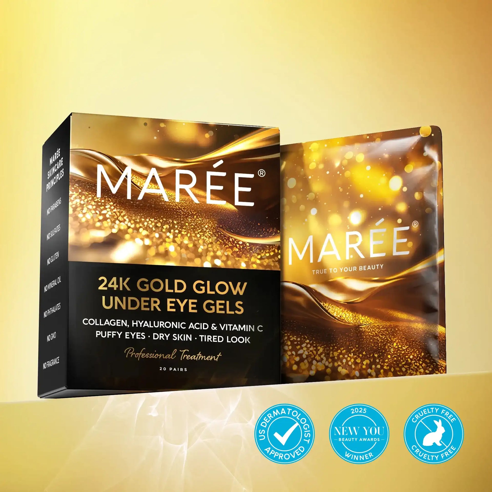 Maree 24K Gold Glow Under Eye Gels packaging with a person applying a gold gel eye patch.