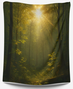 Golden Canopy Tapestry featuring sunlight filtering through a lush green forest canopy